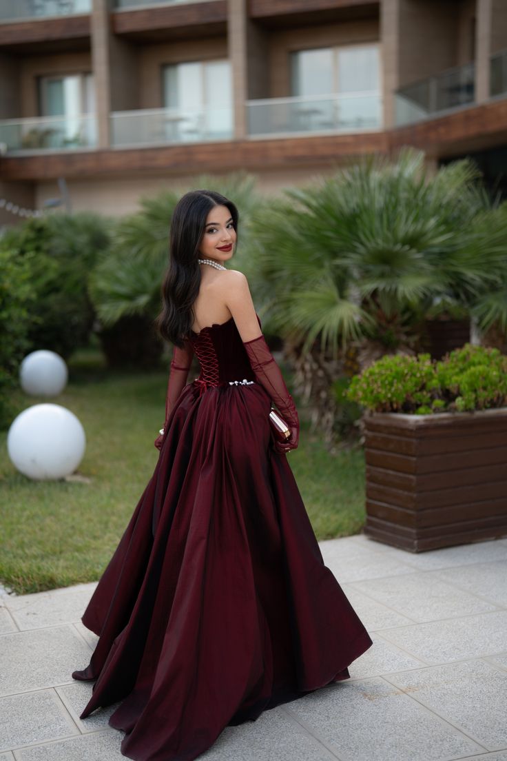 Burgundy Prom Dresses Inspiration Ball Gown Strapless Velvet Evening Gown Long Gala Formal Dress RC1490