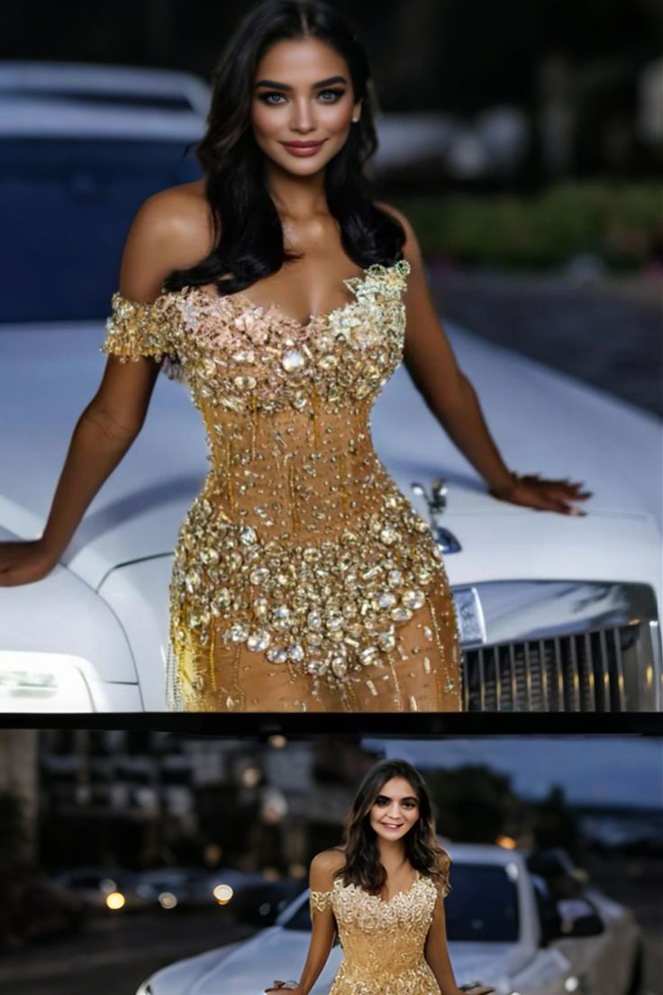 Goldenes schulterfreies Ballkleid mit herzförmigem Ausschnitt, silbernen Schmucksteinen und bodenlangem Schnitt, N800
