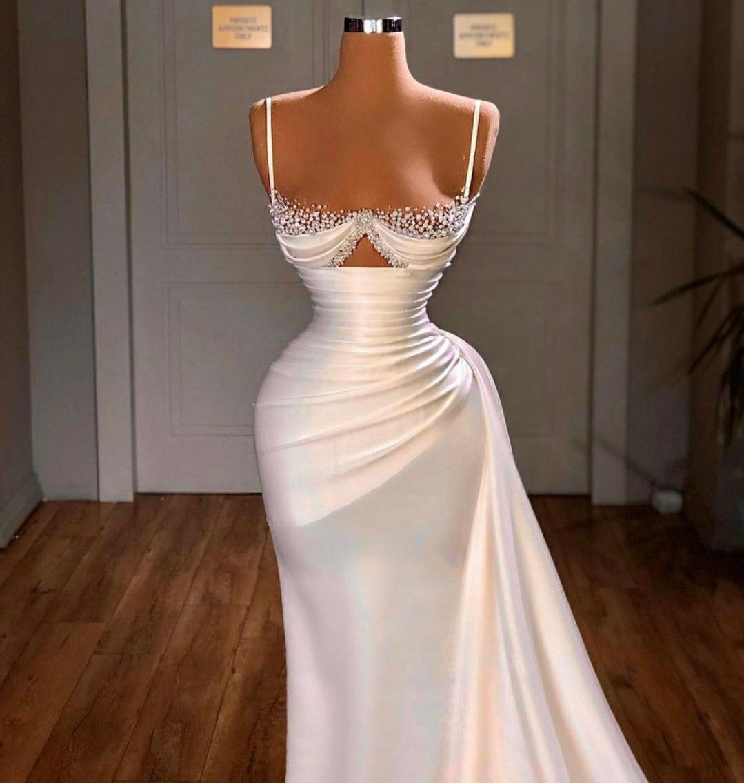 Robe de bal blanche en satin, coupe sirène, bretelles spaghetti, sexy, robe de soirée pour femme AB1642