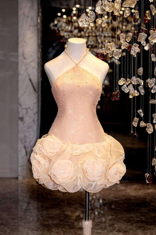 Glitter Sheath Halter Hoco & Homecoming Dress Pink Sequin With Flowers Party Dresses RB6463