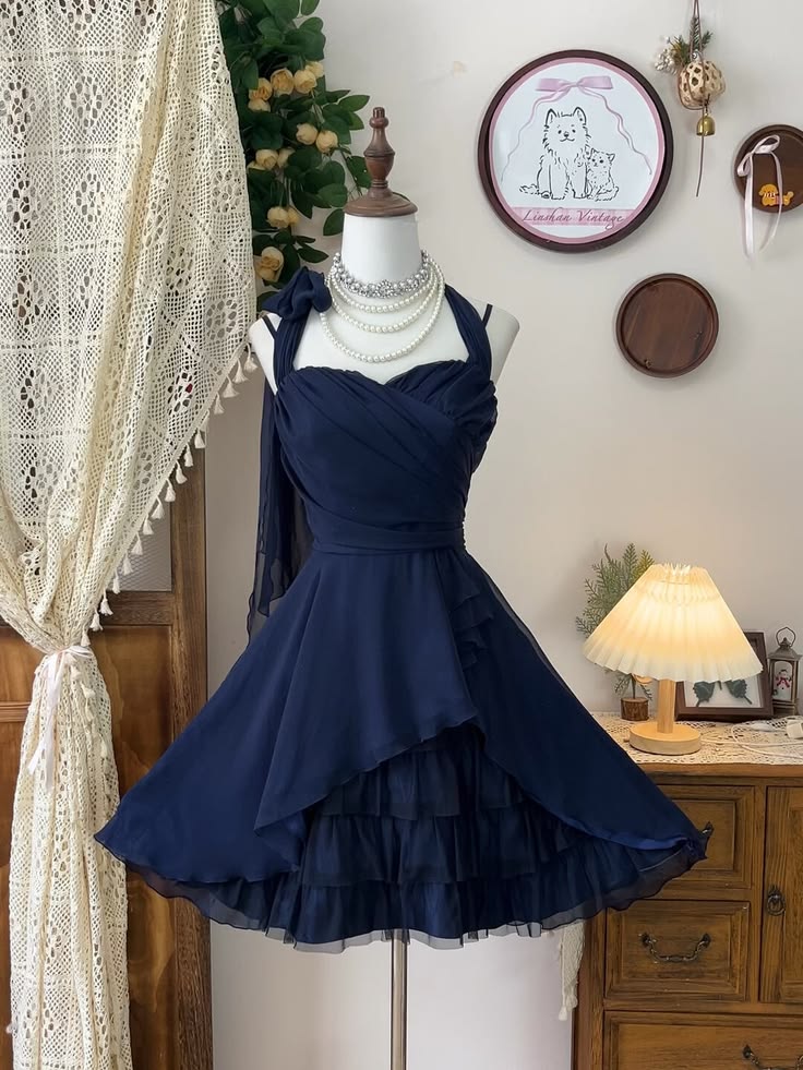 Sweet 16 dress Hoco dress Ball Gown Halter Navy Blue Short Homecoming Dresses Inspo Graduation Outfit RB6675