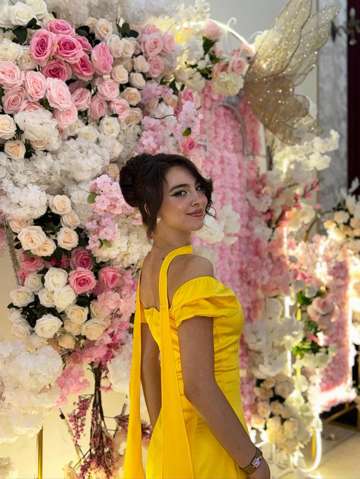 Gorgeous Yellow Sheath Off The Shoulder Yellow Satin High Slit Prom Dresses With Scarf AB190