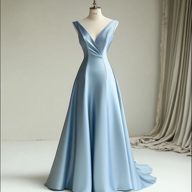 Cocktailkleid für Damen, A-Linie, V-Ausschnitt, hellblauer Satin mit Falten, langes Kleid, Abendkleid, AB1904