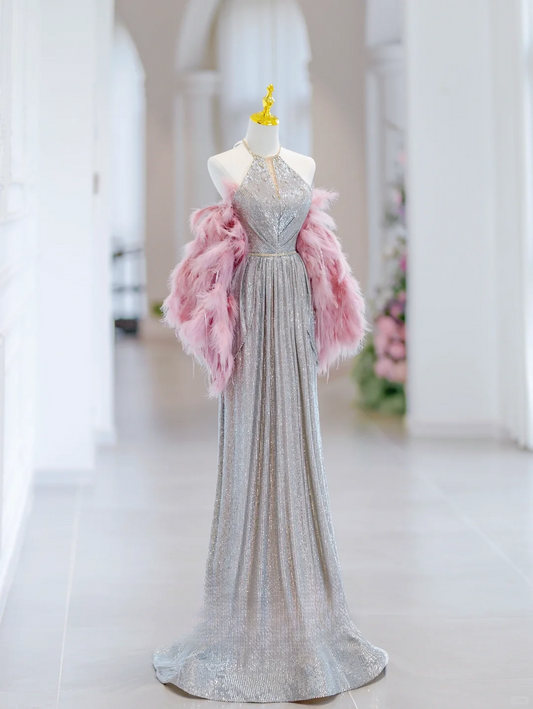 Elegant A Line Halter Silver Sequin Sparkly Long Floor Length Prom Dress Inspiration Prom Dresses B85