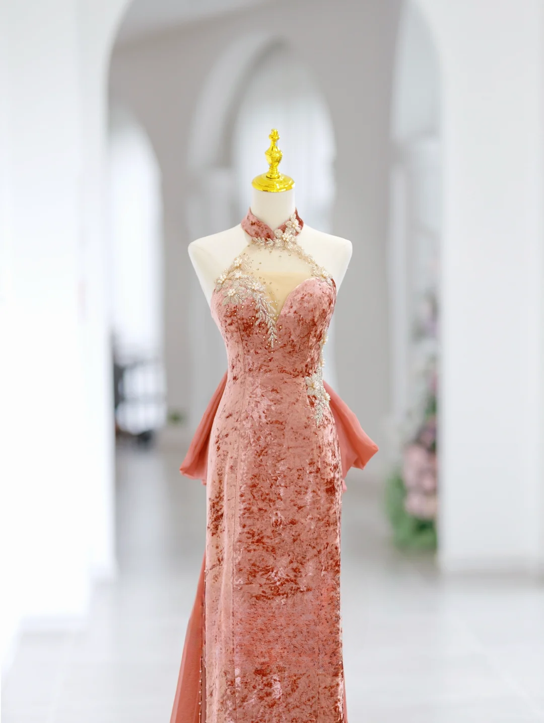 Elegant A Line Halter Velvet Pink Slit Long Floor Length Prom Dress Inspiration Long Prom Dresses DH2808