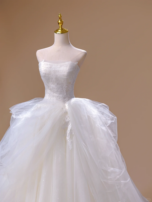 Prinzessin Ballkleid Trägerlos Tüll Weiß Langes Brautkleid Schöne Formale Bräute Kleid Brautkleider DH2816