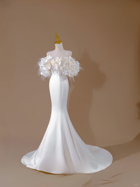 Verträumtes Meerjungfrau-Brautkleid mit schulterfreiem, langem Satin-Blumenmuster, wunderschöne formelle Brautkleider mit kurzen Ärmeln DH2818