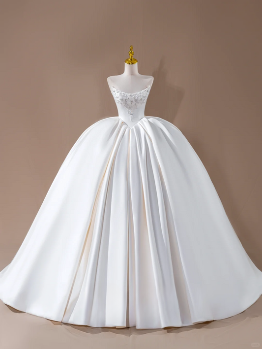 Prinzessin Ballkleid Trägerlos Satin Weiß Langes Brautkleid Schöne Formale Bräute Kleid Brautkleider DH2819
