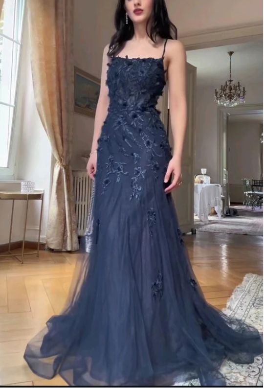 Elegantes, marineblaues Meerjungfrauen-Abendkleid mit Spaghettiträgern, langes Ballkleid AB698