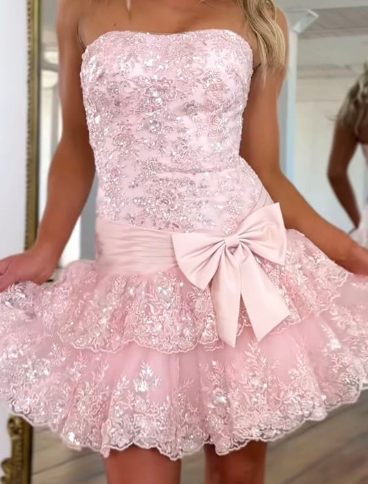 Cute Prom Night Party Outfit Sheath Strapless Little Black Dress Lace Hoco dress inspo Short Homecoming Dresses RB6061