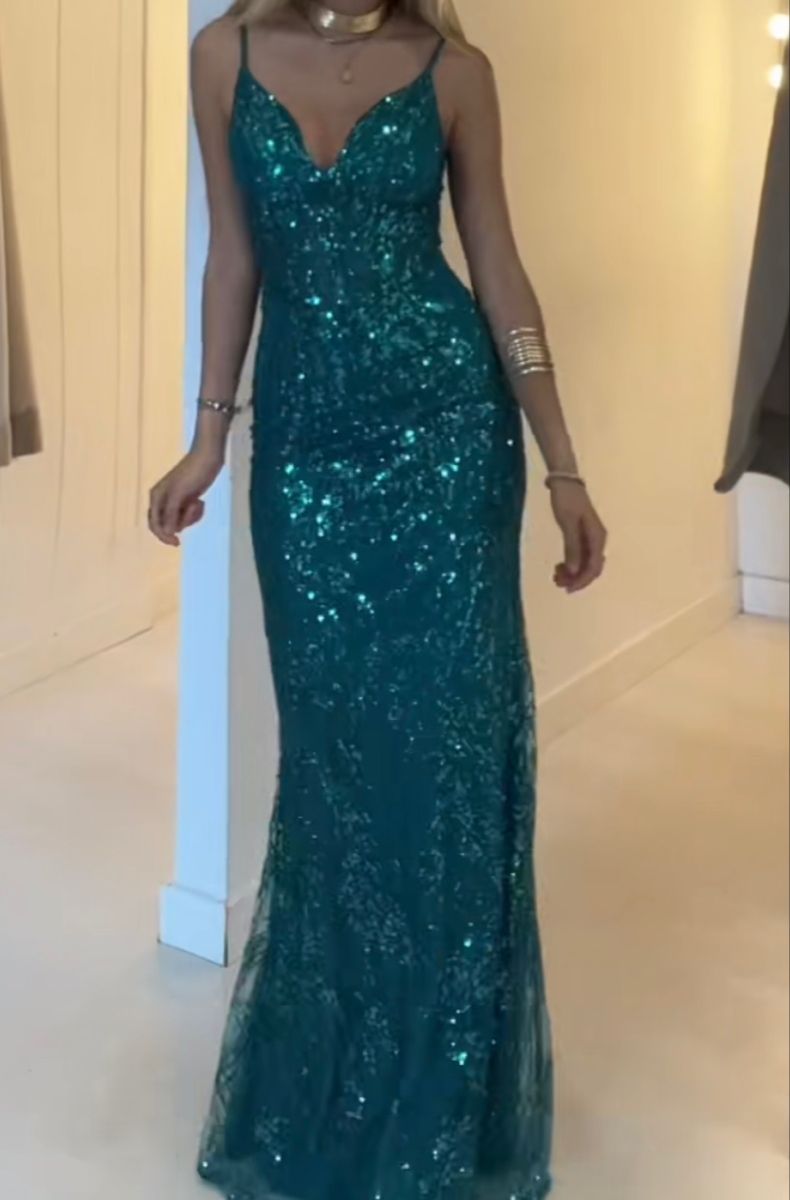 Glitzerndes Meerjungfrauen-Spitzenkleid mit Spaghettiträgern für Damen, langes formelles Ballkleid, 22. Geburtstagskleid AB1403
