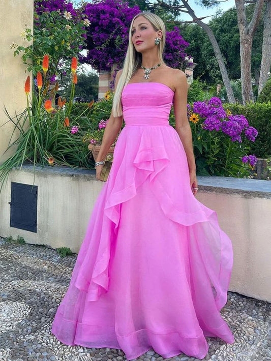 Wunderschönes, trägerloses, pinkfarbenes A-Linien-Abendkleid aus Organza, Modell AB397