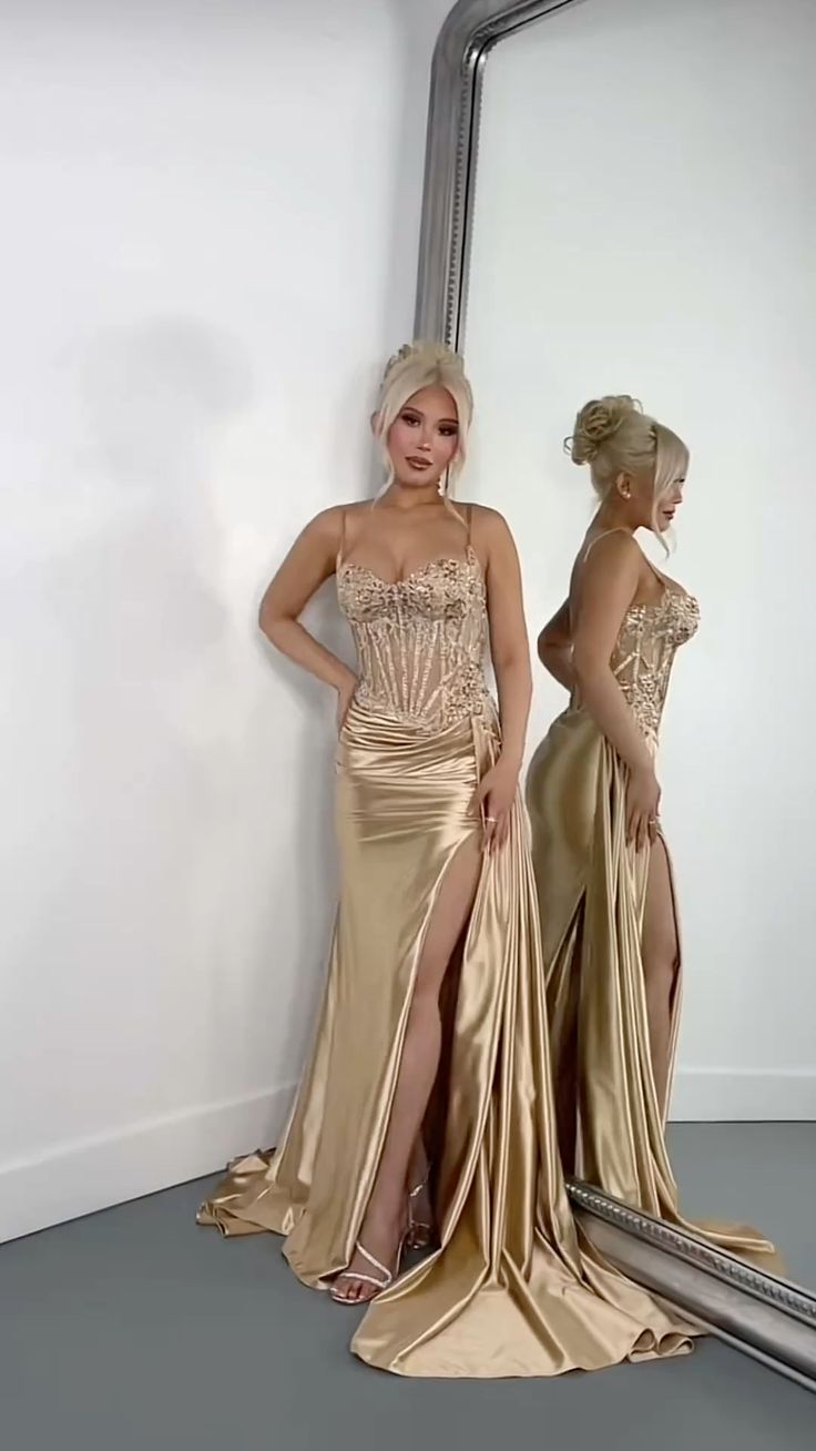 Satin Prom Dress Sexy Mermaid Spaghetti Straps With Slit Gold Long Party Evening Formal Gown RC1191