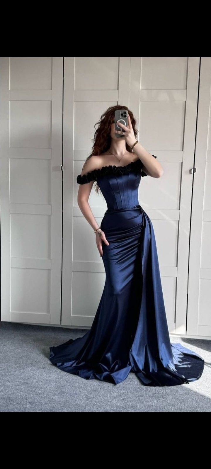 Robe de bal sirène modeste à épaules dénudées, robe de soirée longue bleu marine AB751