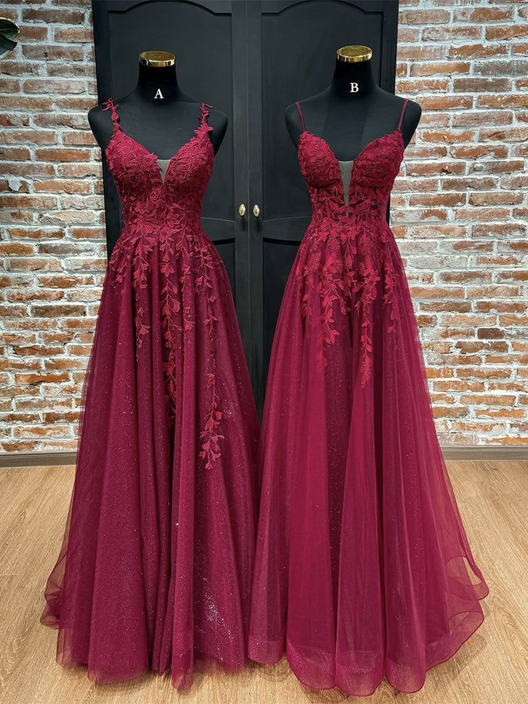 A-Line V Neck Tulle Lace Burgundy Long Prom Dress, Burgundy Long Evening Dress AB1588