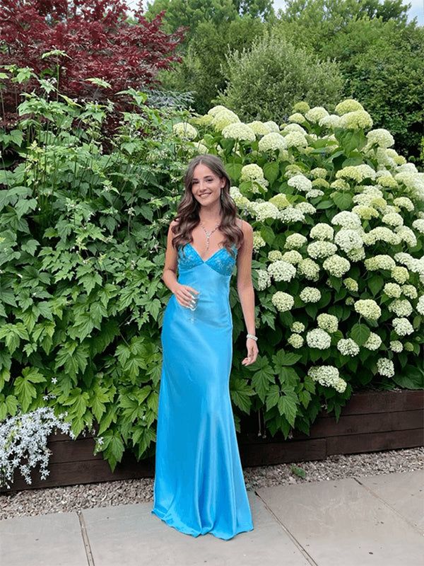 Blue Mermaid V-neck Beaded Back Tie Long Prom Dress Party Dresses For Women AB1476