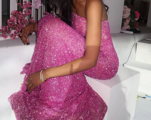 Sparkly Mermaid Strapless Sequin Pink Long Prom Dress Inspiration Party For Teens Girls Formal Dresses RB8678