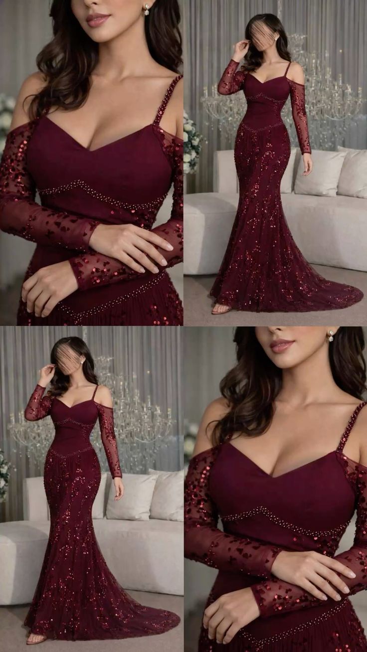 Sexy Meerjungfrauen-Abendkleid mit Spaghettiträgern aus burgunderrotem Satin, perlenbesetzten Spitzenärmeln und plissierten Details (Modell N353)