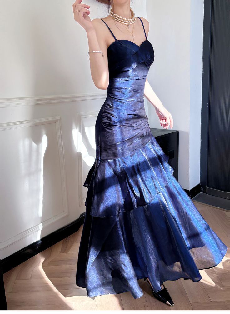 Sexy Mermaid Spaghetti Strap Satin Royal Blue Long Prom Dresses Party Dress 19th Birthday Outfits Graduation Gown N879