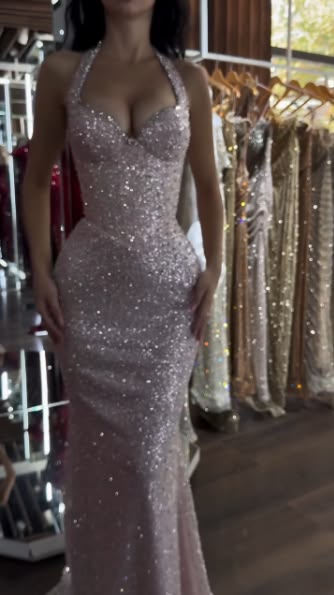 Glitzer Halter Neck Rosa Langes Abendkleid Abschlussballkleider Pailletten Meerjungfrau Bodycon Für Teenager Mädchen Damen N4099