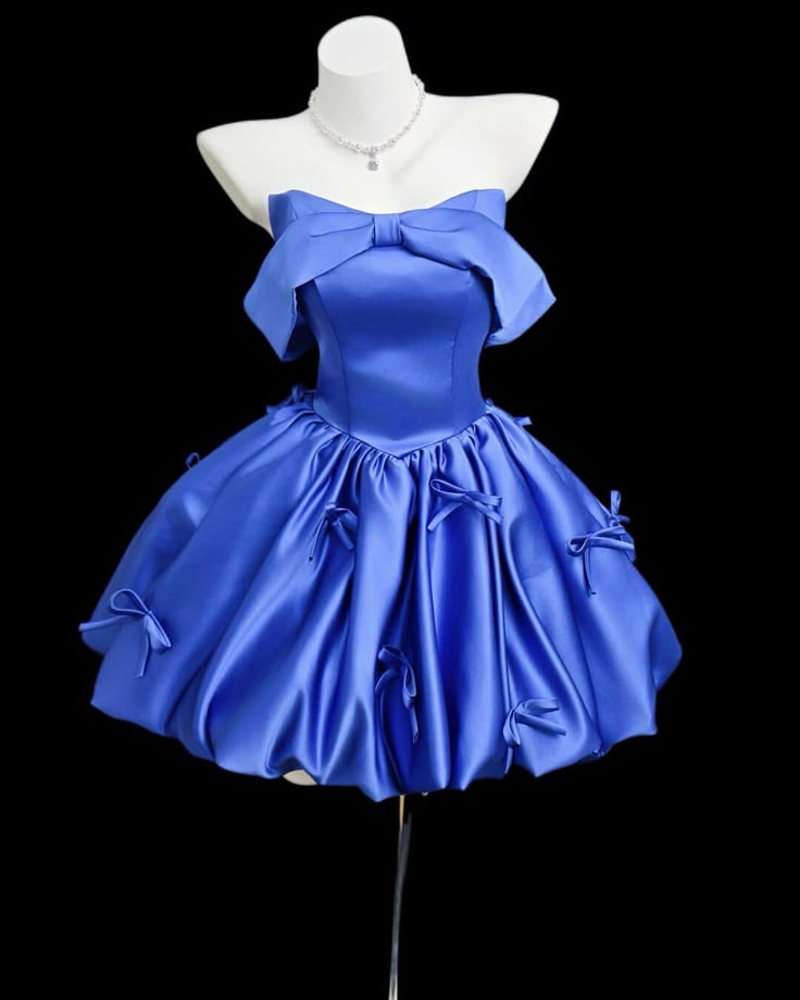 Mignonne Robe de Bal Épaule Dénudée Satin Bleu Mini Court Idées de Robe Hoco Robes de Bal RB4150