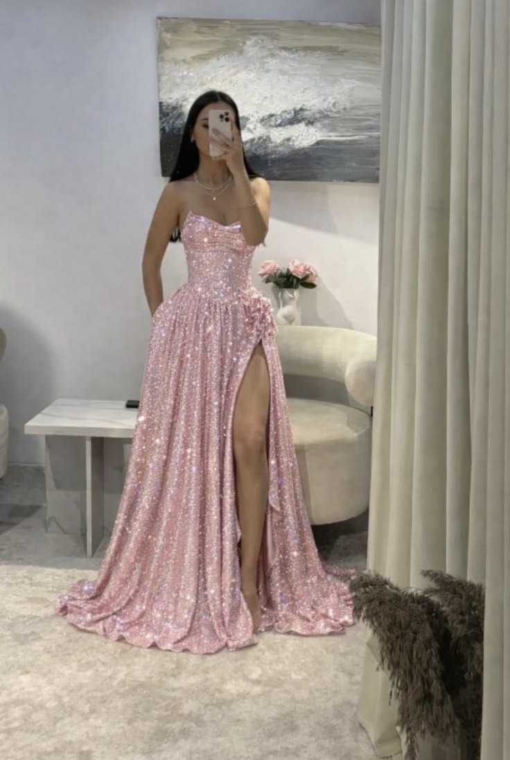 Modest Prom Dresses A line Sweetheart Pink Slit Sequin With Ruffled Long Party Evening Formal Dress RC1209