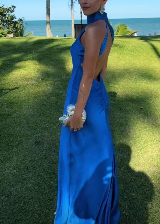 Simple Fourreau Col Montant Bleu Roi Sans Dos Satin Longues Robes de Bal de Soirée N2494