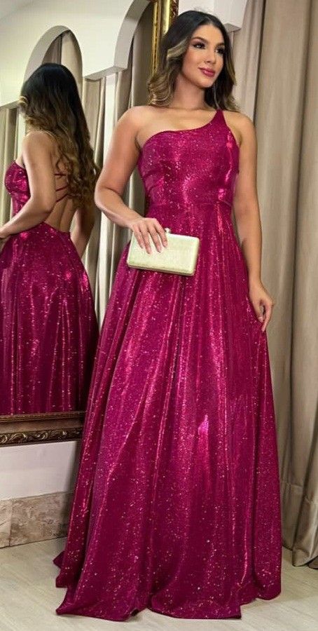 Elegant A line One Shoulder Fuchsia Sequin Senior Teens Prom Dresses With Open Backes Evening Party Formal Gown 18th Birthday Gowns AB793