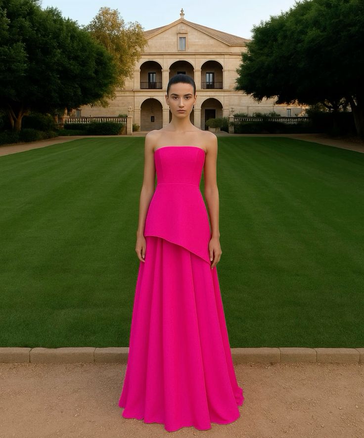Modest Sheath Strapless Hot Pink Chiffon Prom Dresses Inspo Simple Long Prom Gowns With Scarf AB257