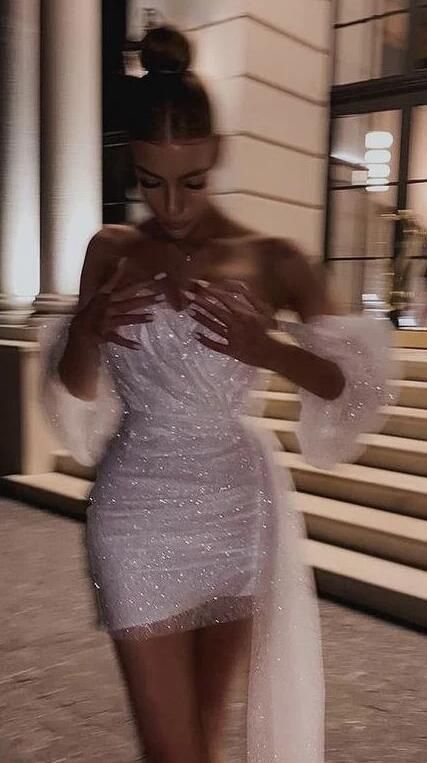 Robes de soirée pailletées à épaules dénudées, tenues d'anniversaire courtes à sequins, idées de robes de bal de promo RB4153