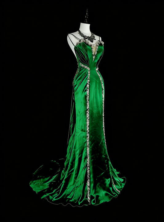 Vintage Mermaid Spaghetti Straps Green Satin Backless Long Gowns Formal 18th Birthday Party Prom Dresses N1750