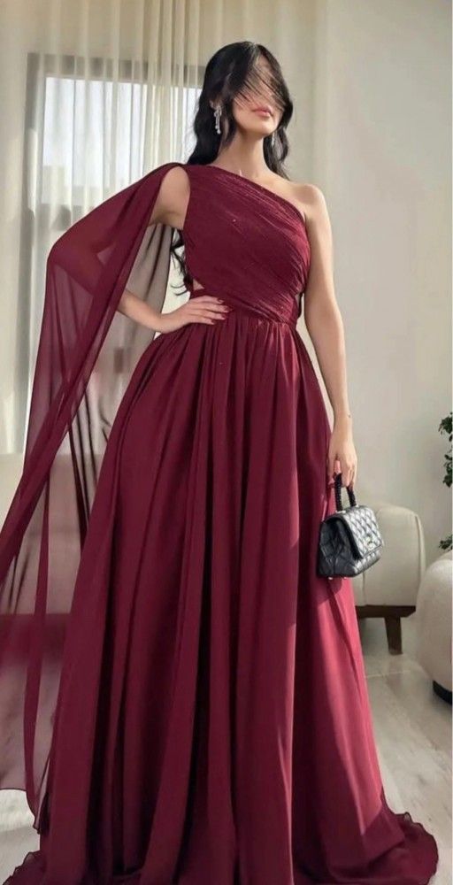Elegantes, burgunderrotes Chiffon-Abendkleid in A-Linie mit One-Shoulder-Ausschnitt und Falten, AB1907