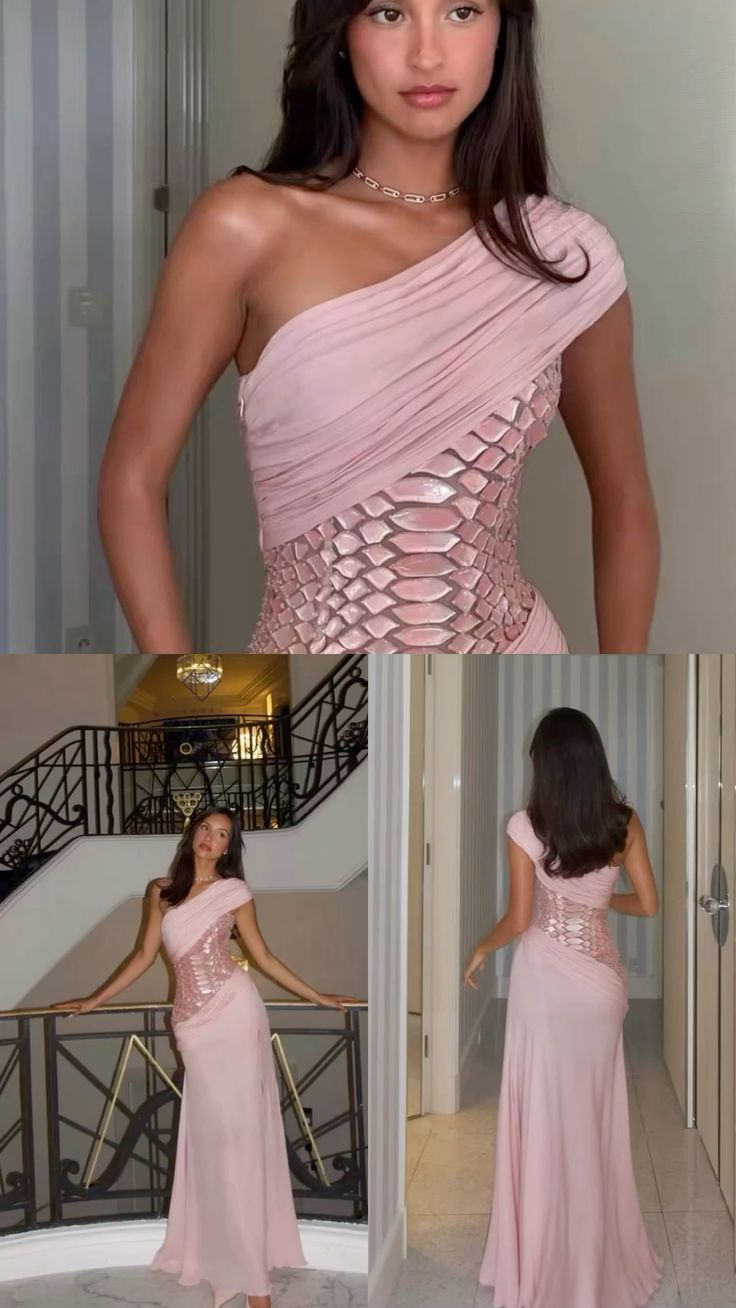 Pink Prom Dresses Inspiration Mermaid One Shoulder Slit Chiffon Pleated Evening Gown Long Gala Formal Dress RC1482