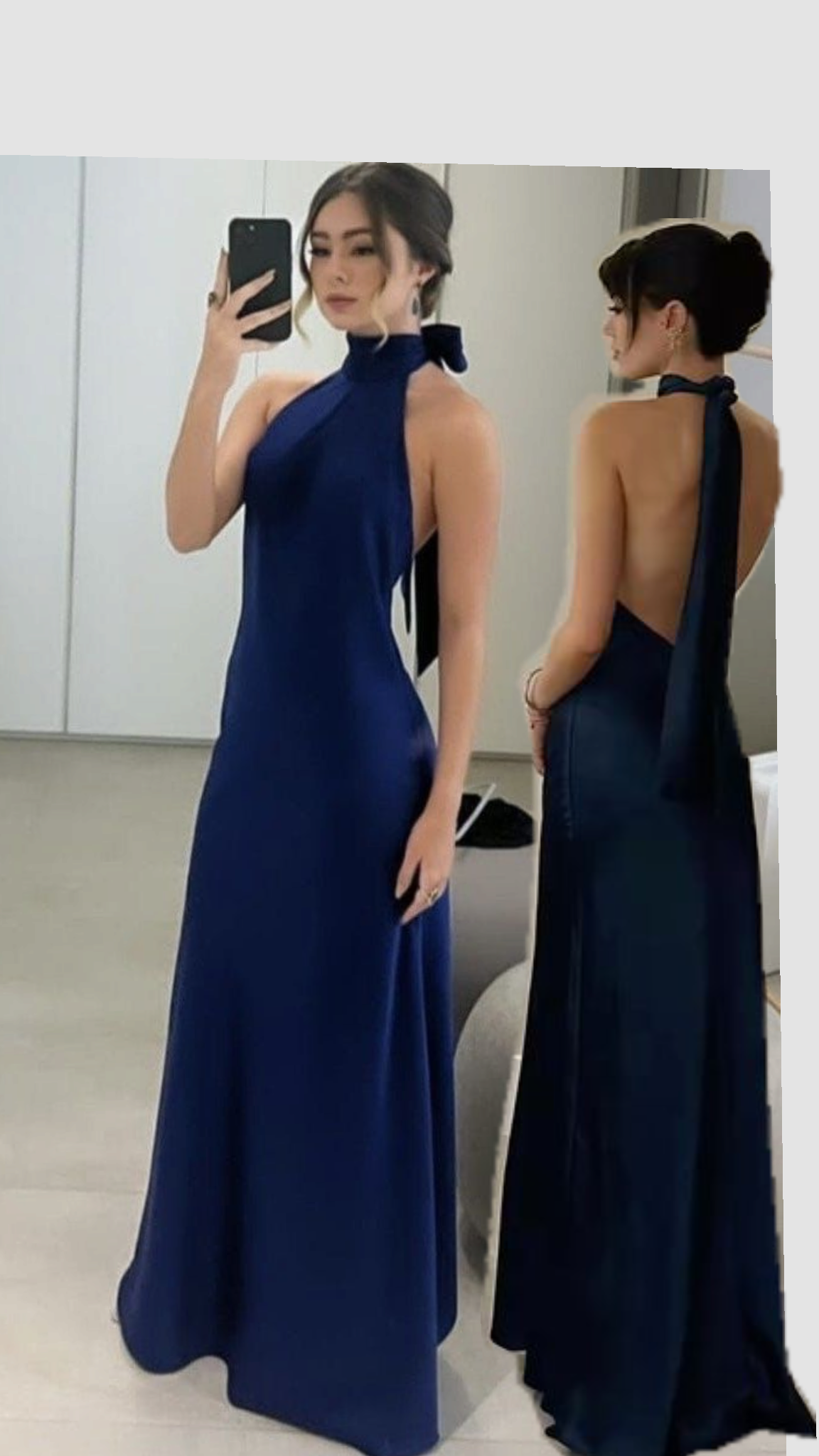 Sexy Navy Blue Satin Long Prom Dresses Halter Sleeveless Mermaid For Women N4185