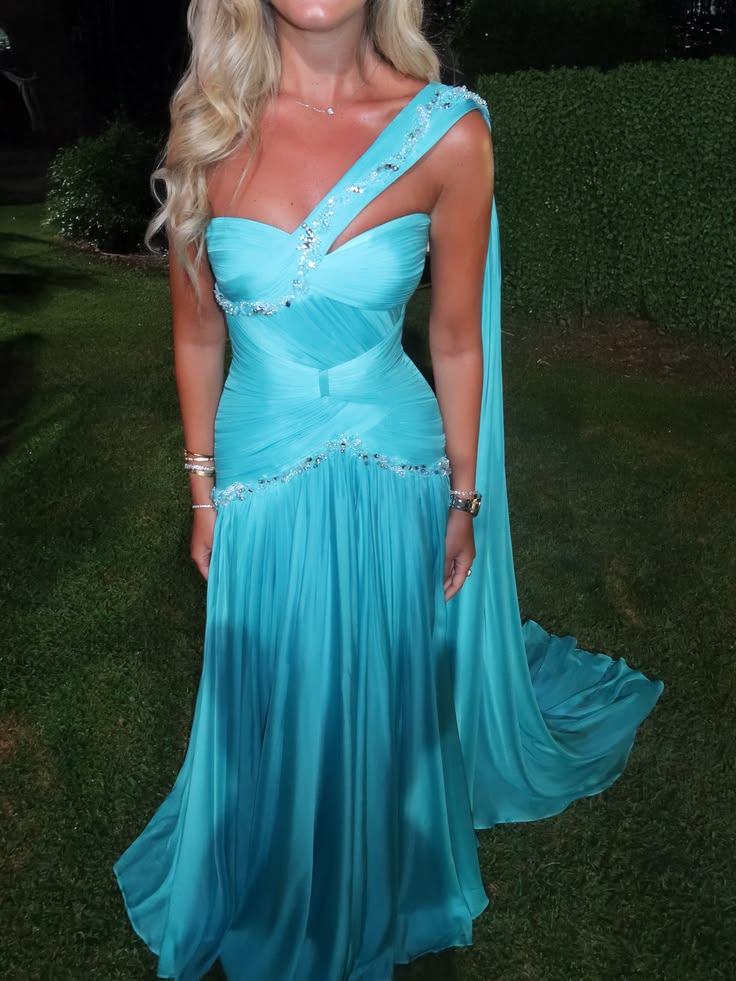 Blue Prom Dresses Inspiration Mermaid One Shoulder Chiffon Pleated Evening Gown Long Gala Party Dress RC1499