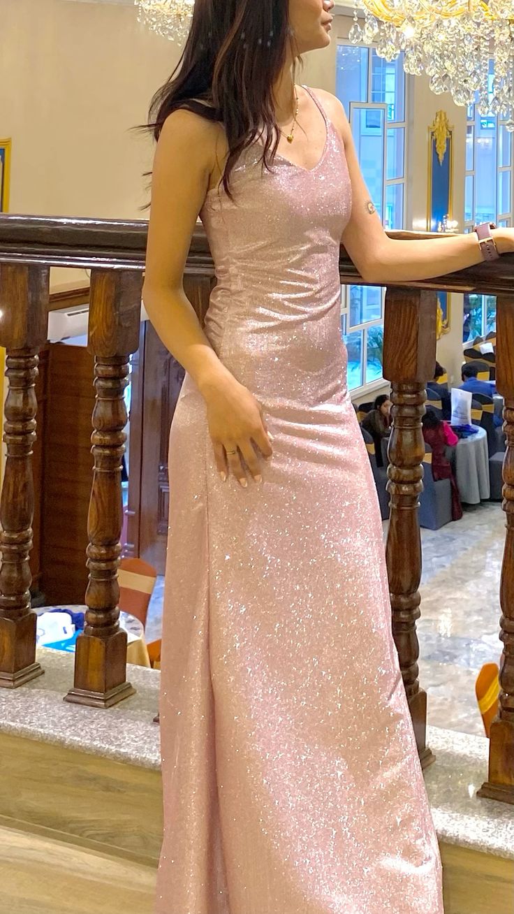 Robe de soirée sirène à fines bretelles et sequins roses, style modeste, pour lycéennes et adolescentes (N015)