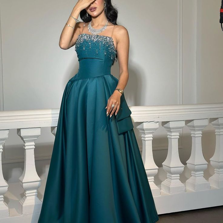 Prom Dress Sexy Ball Gown Strapless Satin Teal Long Party Evening Formal Gown RC1230