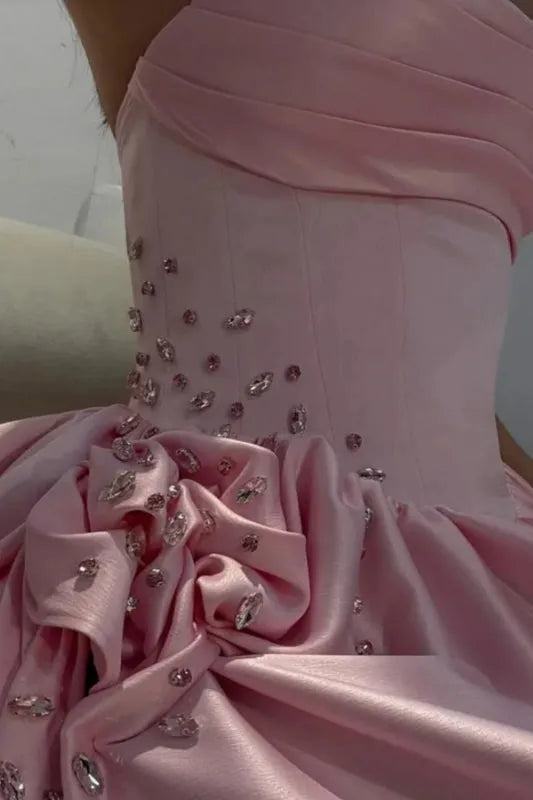 Robe de bal élégante en satin rose satiné, coupe trapèze, décolleté cœur et fente - Inspiration pour adolescentes - Tenue de soirée - Robe de bal AB051