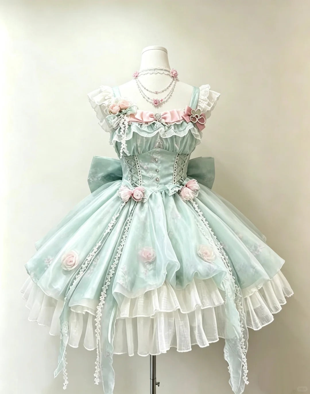 Romantisches Ballkleid mit quadratischem Ausschnitt, Mintgrün-Weiß mit rosa Schleifen, Lolita-Kleid, Homecoming-Kleider, Hoco-Outfits RB4690