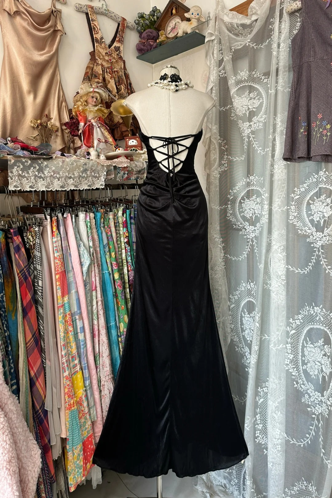 Robe de bal longue sirène élégante en satin noir, dos nu, pour adolescentes, tenue de soirée formelle N1063