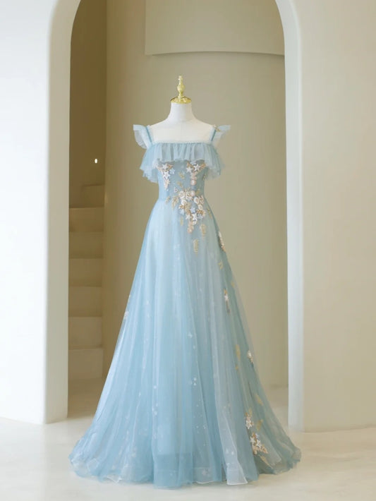Niedliches Ballkleid mit Spaghettiträgern, hellblauer Tüll, langes Abendkleid, beeindruckendes Outfit zum 19. Geburtstag, Abiballkleid AB865