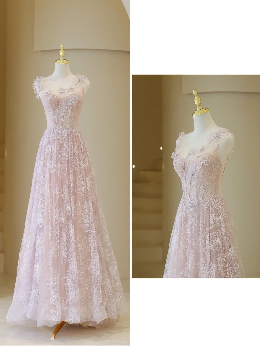 Robe de bal longue rose en tulle et dentelle, élégante, coupe trapèze, bretelles, inspiration robe de soirée formelle robe de bal N200