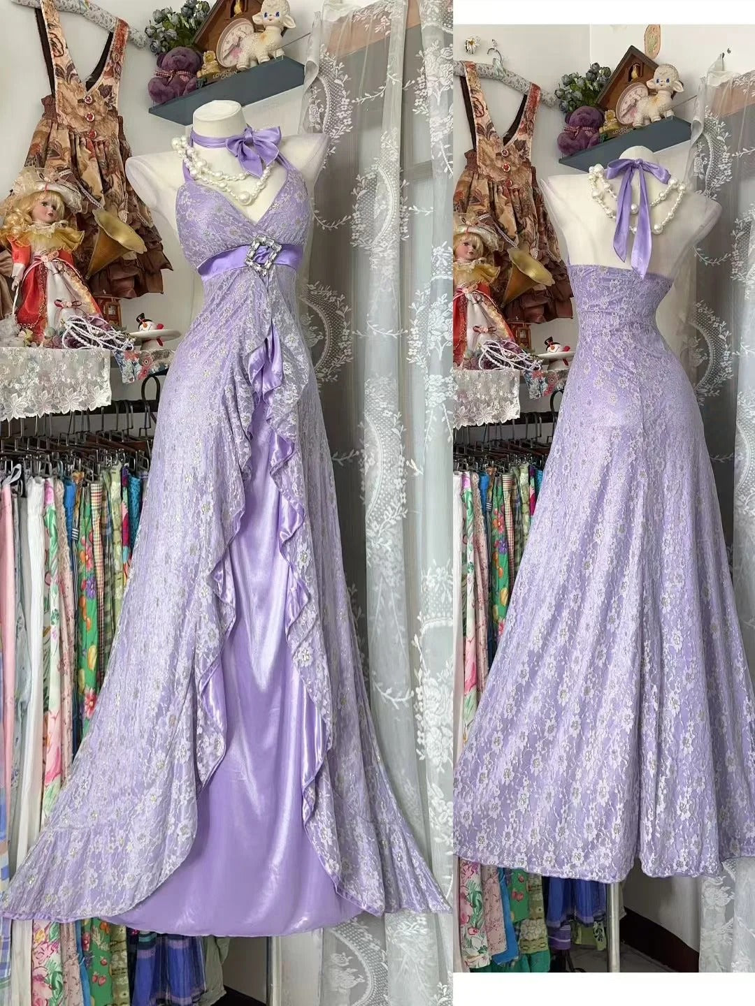 Robe de bal longue sirène dos nu en dentelle lilas, style modeste, idéale pour une soirée, un 21e anniversaire ou une remise de diplôme (N845)