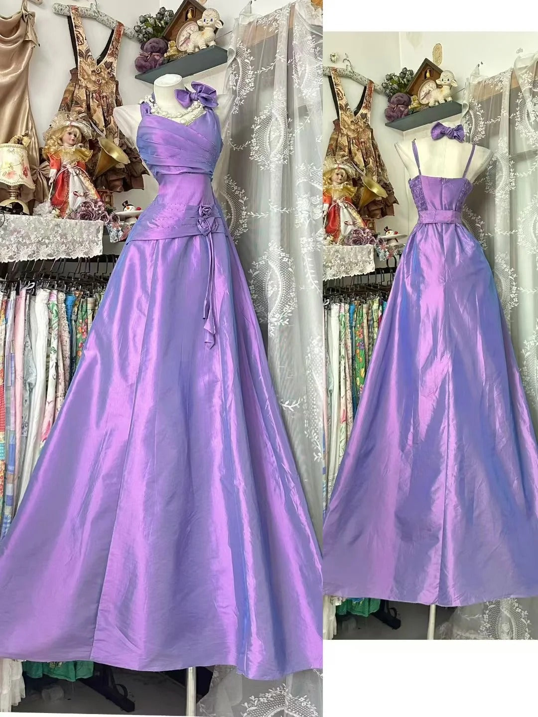 Robe de bal longue en taffetas lilas, coupe trapèze, dos nu, style modeste, idéale pour une soirée, un 21e anniversaire ou une remise de diplôme (N846)