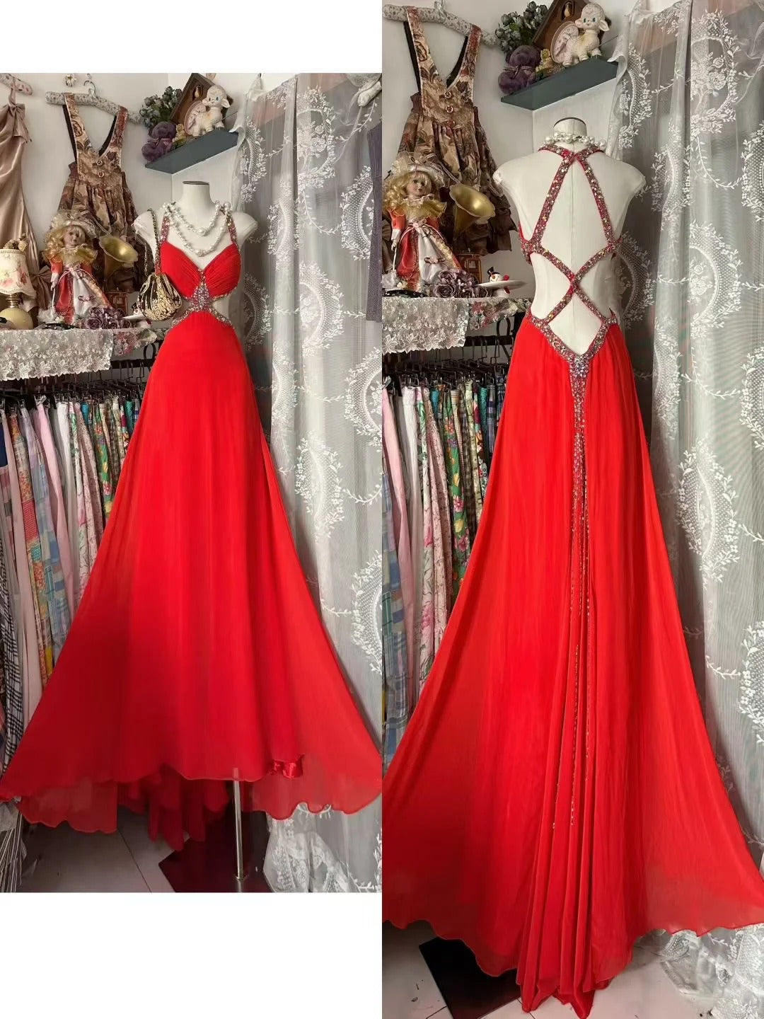 Robe de bal longue rouge en mousseline, coupe trapèze, bustier cœur, bretelles, style rétro chic années 50, référence N838