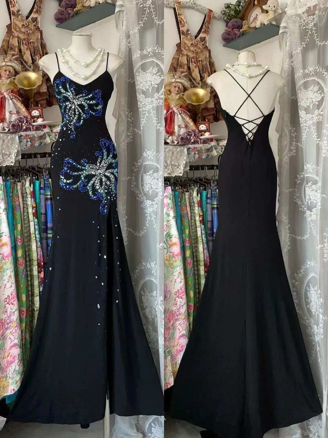 Robe de bal longue noire rétro chic à bretelles spaghetti et fente, style années 50, référence N839