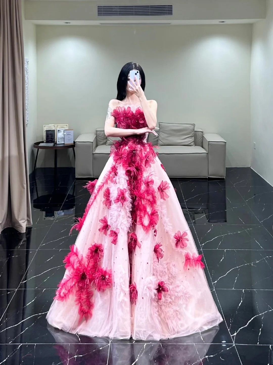 Robe de bal modeste sans bretelles, rose à fleurs, en tulle, longue, idéale pour un bal de fin d'année, une soirée, un 21e anniversaire ou une remise de diplôme (N855)