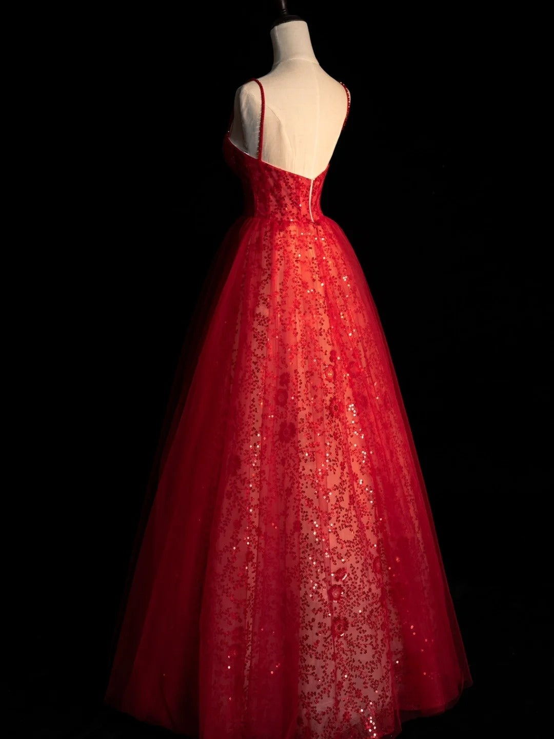 Robe de bal de princesse à bretelles spaghetti, sequins, tulle rouge, longue robe de soirée, tenue pour 18 ans, robe de remise de diplôme N860