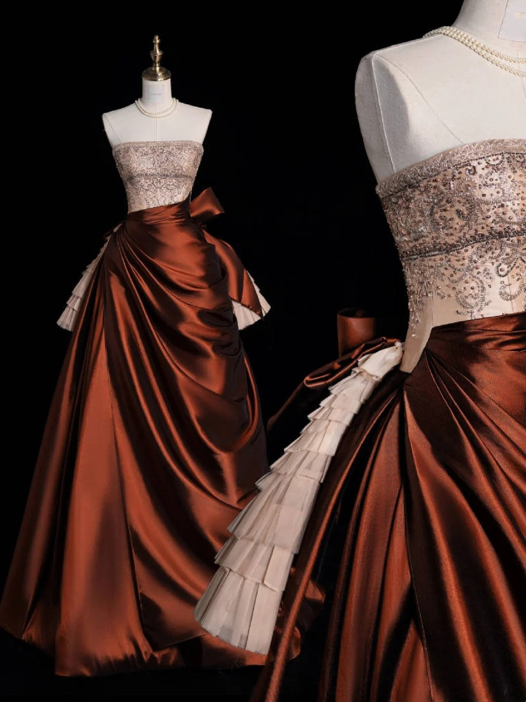 Modest Ball Gown Strapless Satin Pleated Beaded Long Prom Dresses Party Dress 21st Birthday Outfits Graduation Gown N928