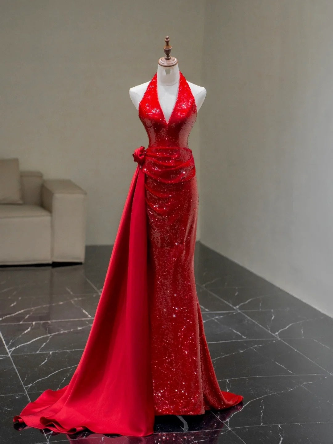 Robe de soirée longue rouge à paillettes, dos nu, style sirène scintillante, robe de bal, robe de cérémonie élégante N941